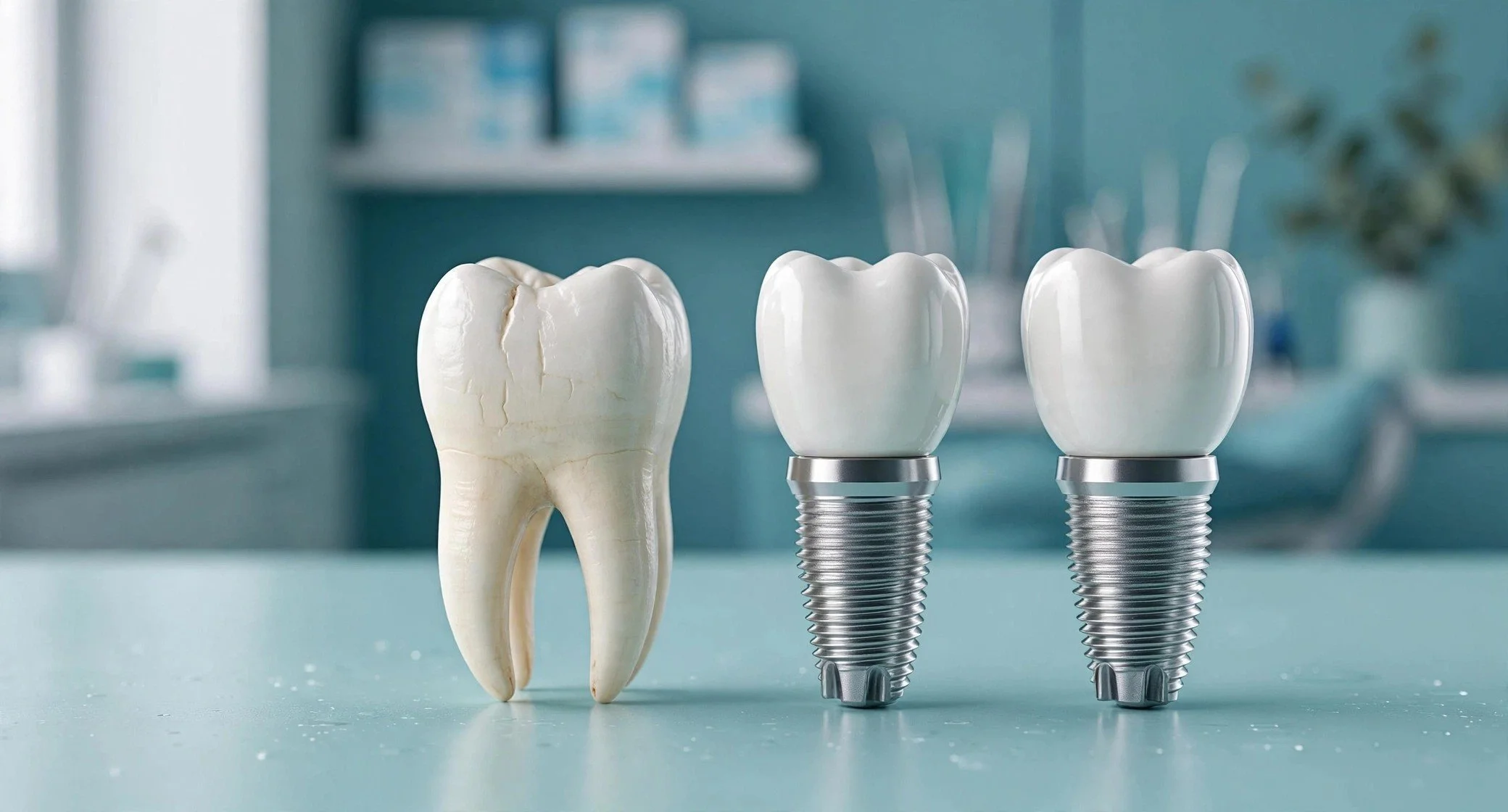 A dental model of a tooth beside two artificial teeth with dental implants.