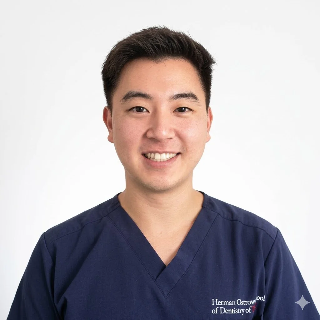 Portrait of a smiling man wearing navy scrubs with 