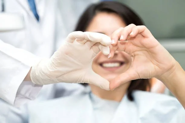 A woman at a medical facility making a heart shape with her hands, with a healthcare professional nearby.