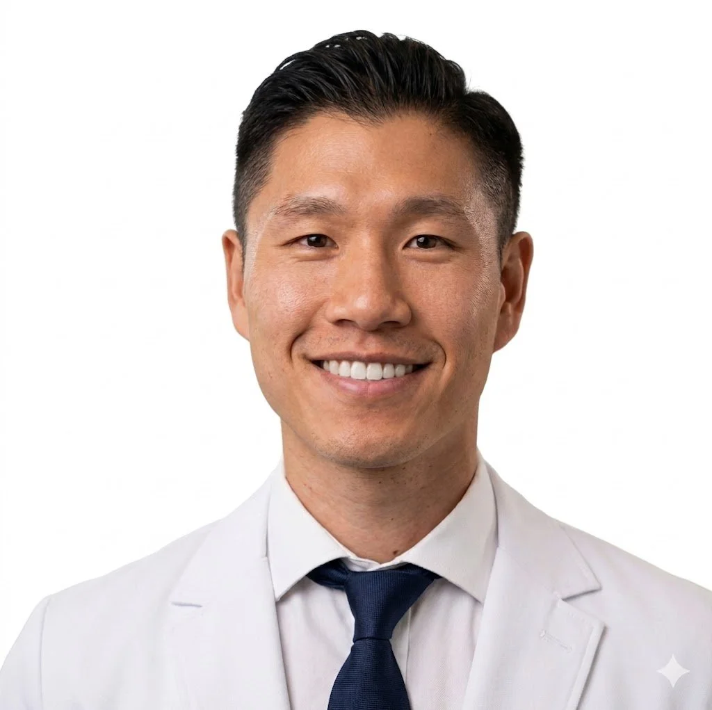 Headshot of a young man with dark hair, smiling, dressed in a white medical coat and a dark tie, against a plain white background.