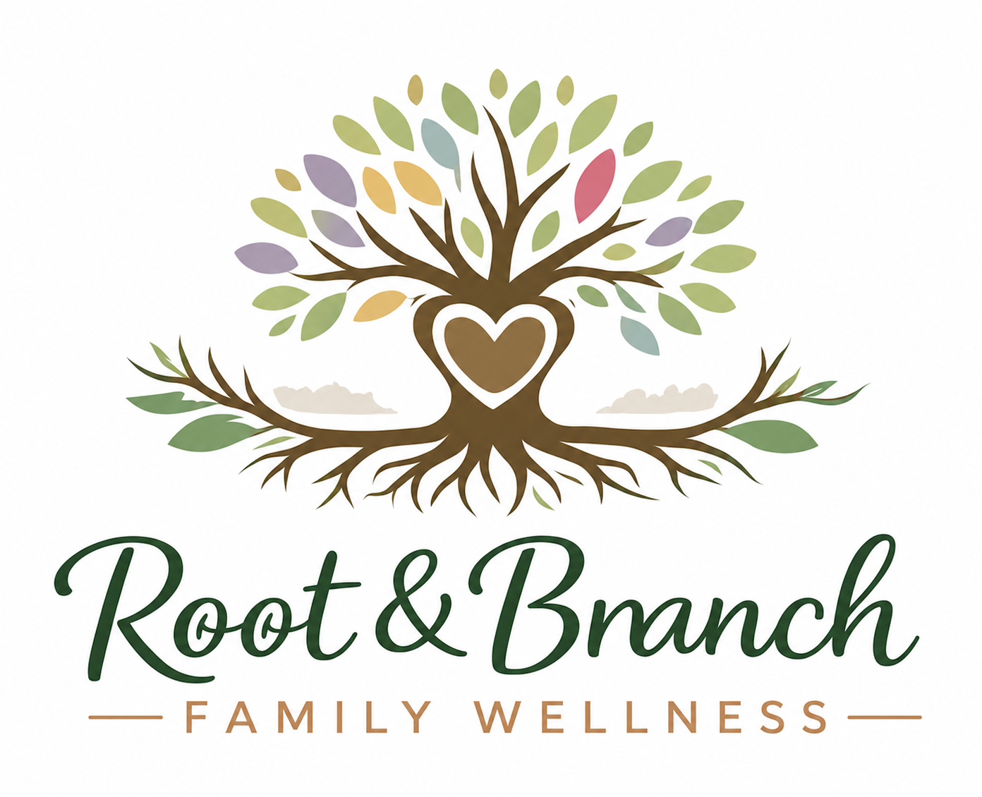 Established tree with pastel leaf colors, a heart embedded in trunk and an array of roots growing down with green and leaves sprouting from roots at the sides to create new trees.