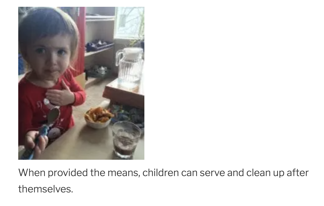 Child feeding themselves after gathering components from a serving area.