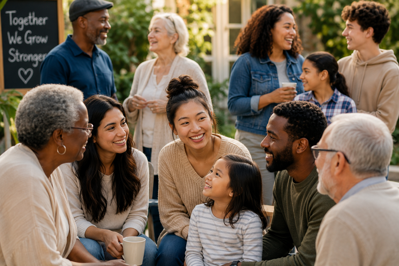 a diverse gathering of community smiling and engaging