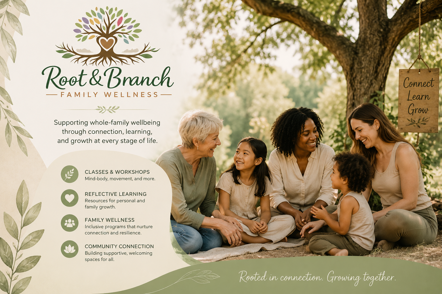 image of a multigenerational, multi-racial family having a picnic under a tree