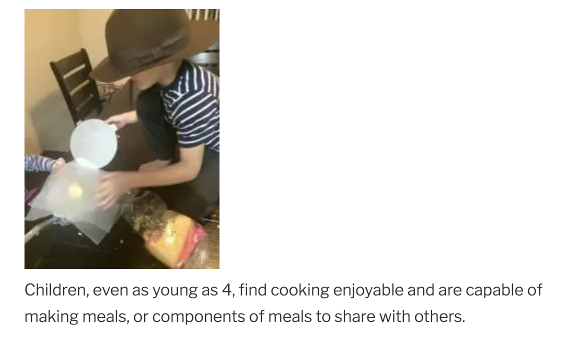 Four year old making tortillas with a press, after mixing the dough from pictoral recipe cards.