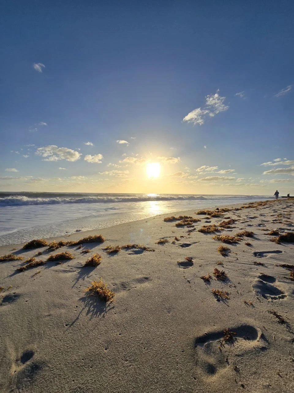 Sunset at the beach with footprints and seaweed on the sand, and a few people in the distance near the shoreline.