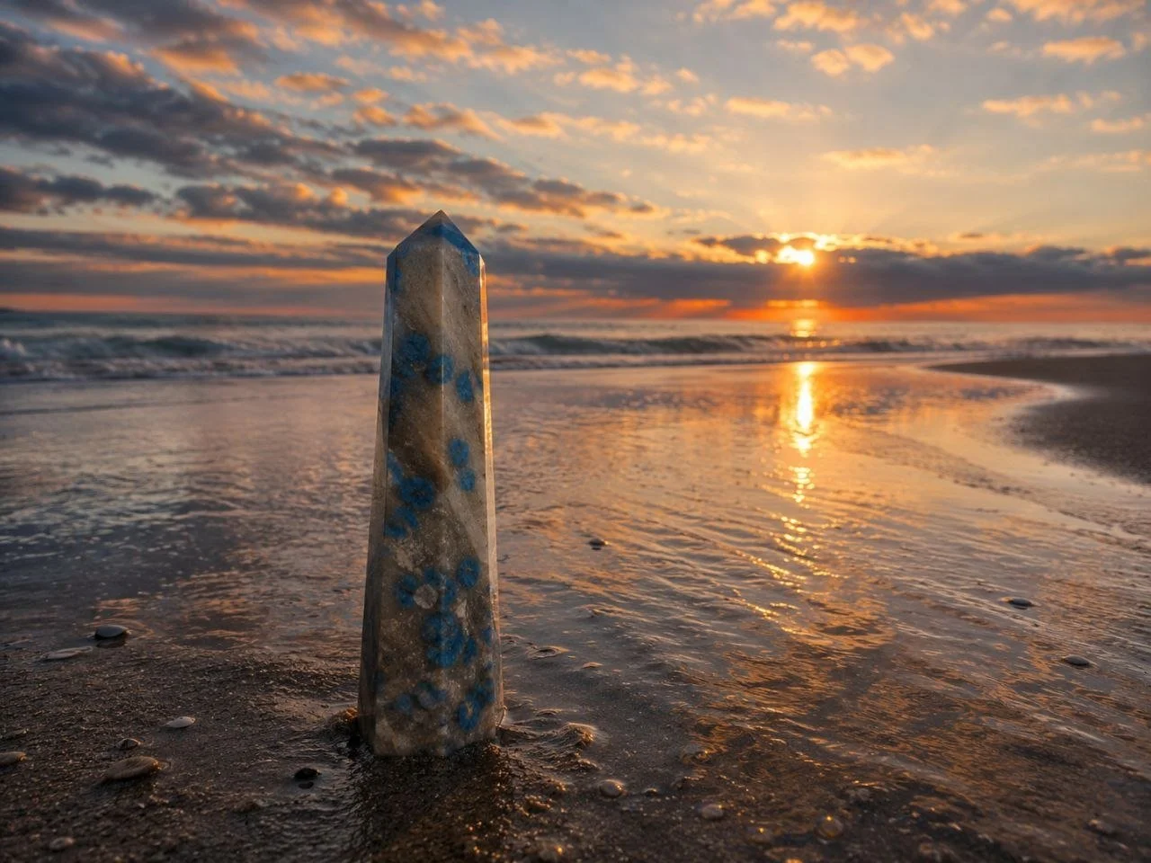 A polished stone with blue spots standing upright on a beach at sunset, with the sky illuminated by orange and yellow hues and the reflection of the setting sun on the water.