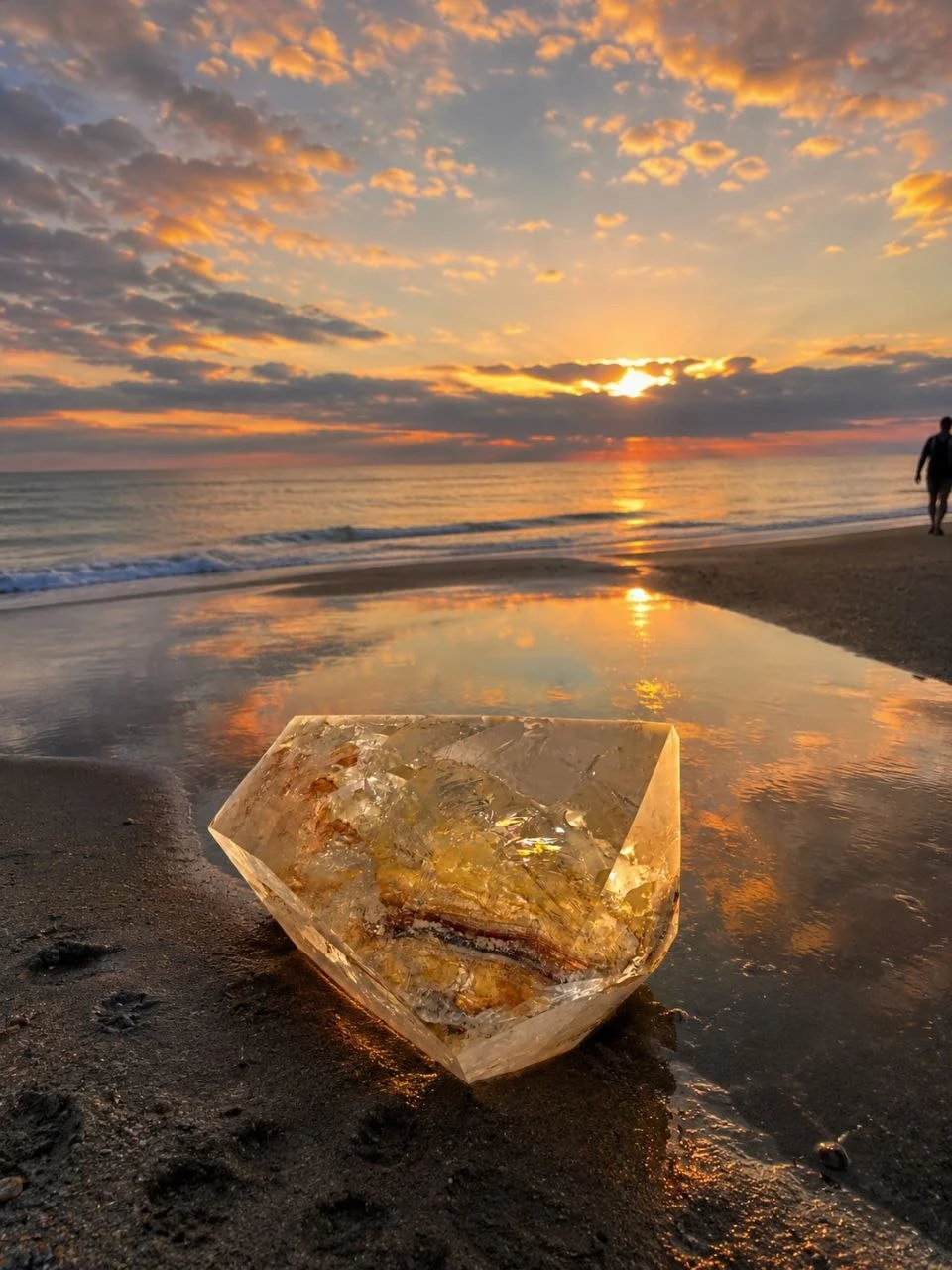 A large, transparent, faceted crystal lying on wet sand at the beach during sunset, with the ocean and colorful sky in the background and a person walking along the shoreline.