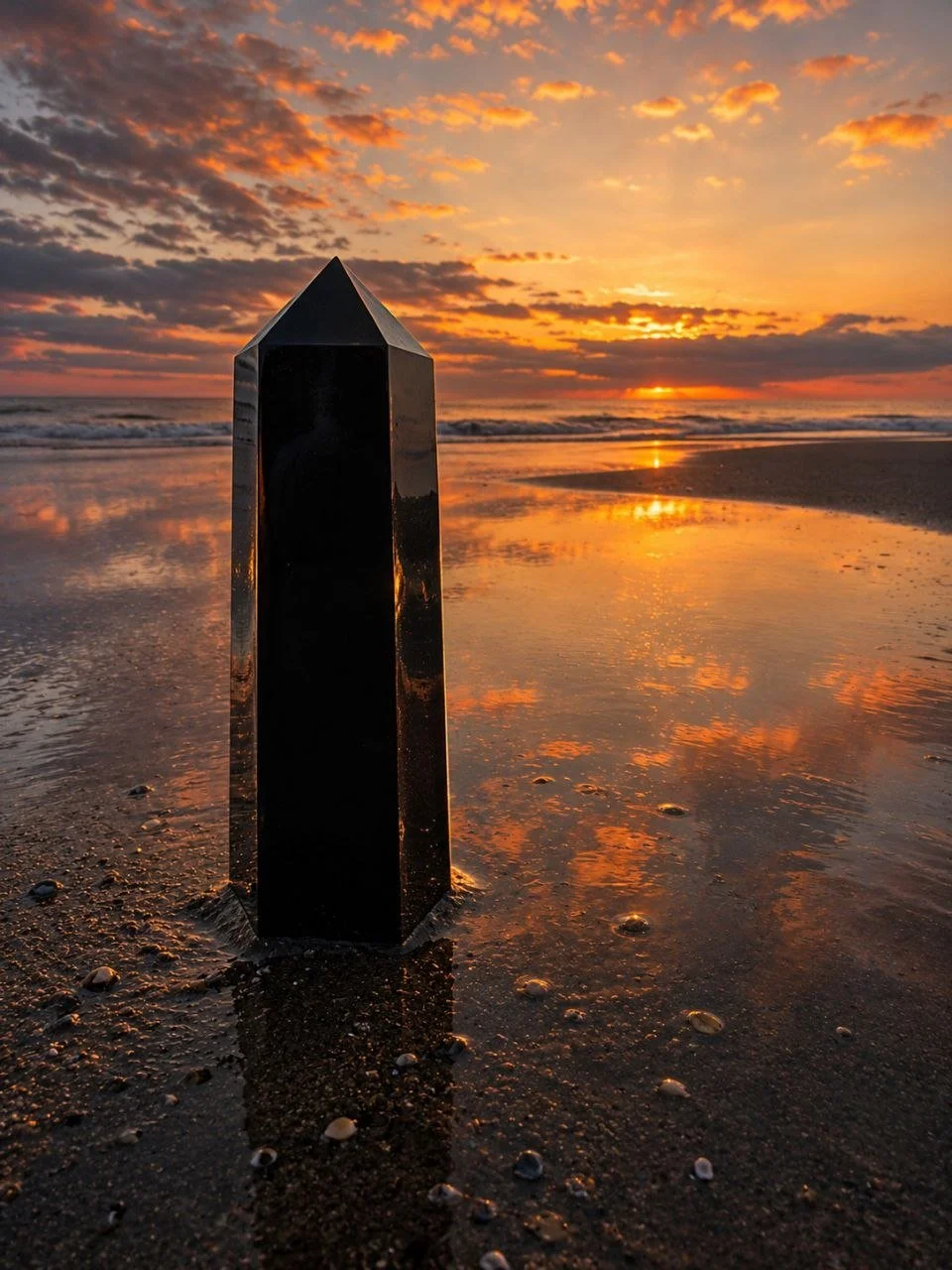 A black crystal obelisk on the beach during sunset with reflected sky and clouds in wet sand.