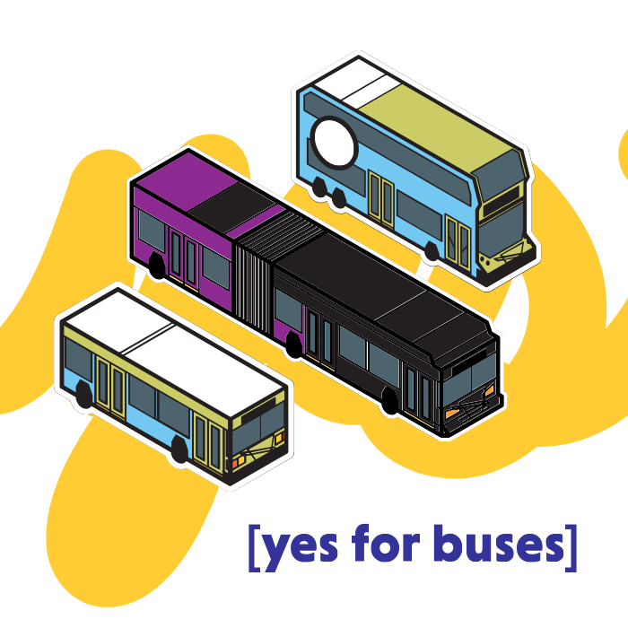 Illustration of three modern city buses with different color schemes on a yellow abstract background, with the caption '[yes for buses]'.