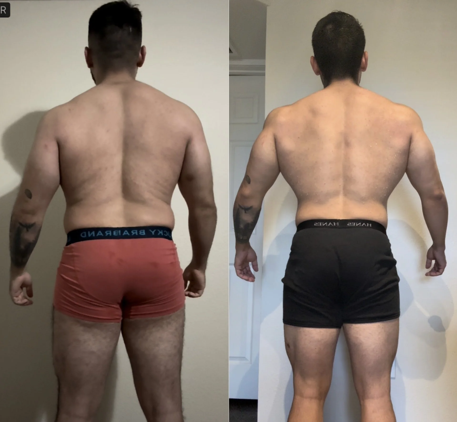 Comparison of a man's back before and after a fitness transformation, showing increased muscle tone and definition on the right.