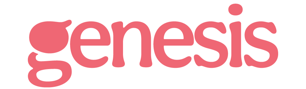 Pink logo with the word 'genesis' in lowercase letters, with a stylised design.