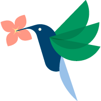 A colorful hummingbird with green, blue, and teal feathers holds a pink flower in its beak.
