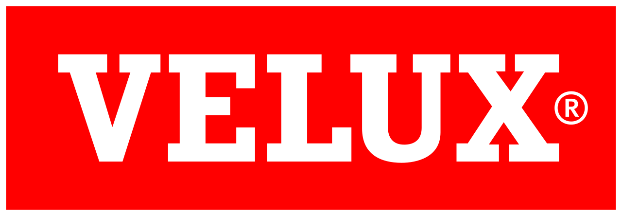 Ein rotes Rechteck mit dem weißen Text »VELUX« in der Mitte.