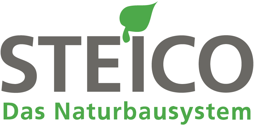 Logo mit dem Text 'STEICO' und einem grünen Blatt über dem 'I', darunter der Slogan 'Das Natursystems' in Grün