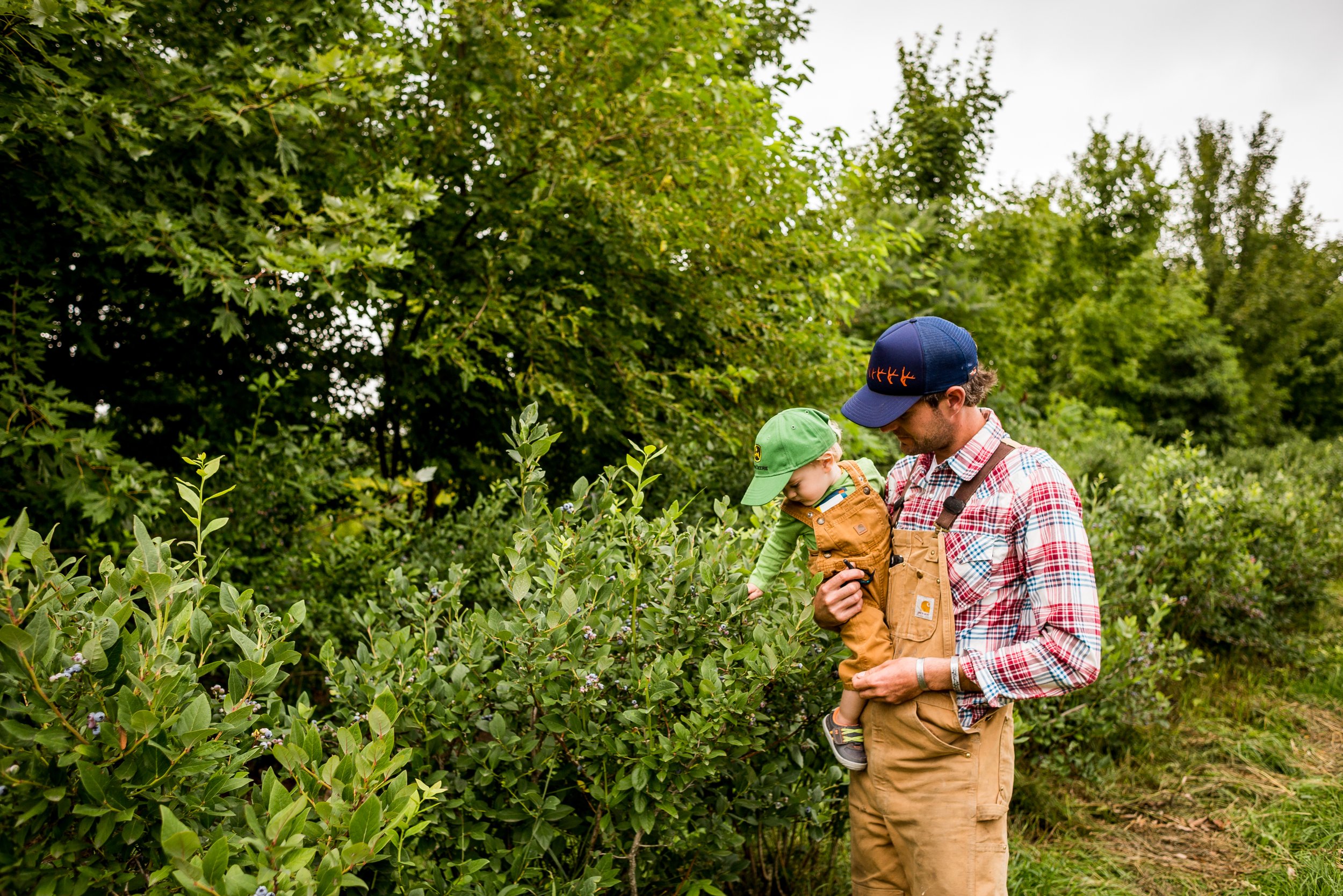 A man holding a young child while standing in a lush green garden or farm, surrounded by dense foliage and bushes. The man is wearing a plaid shirt, tan overalls, a blue cap with orange designs, and the child is wearing a green hat and a green shirt with tan overalls.