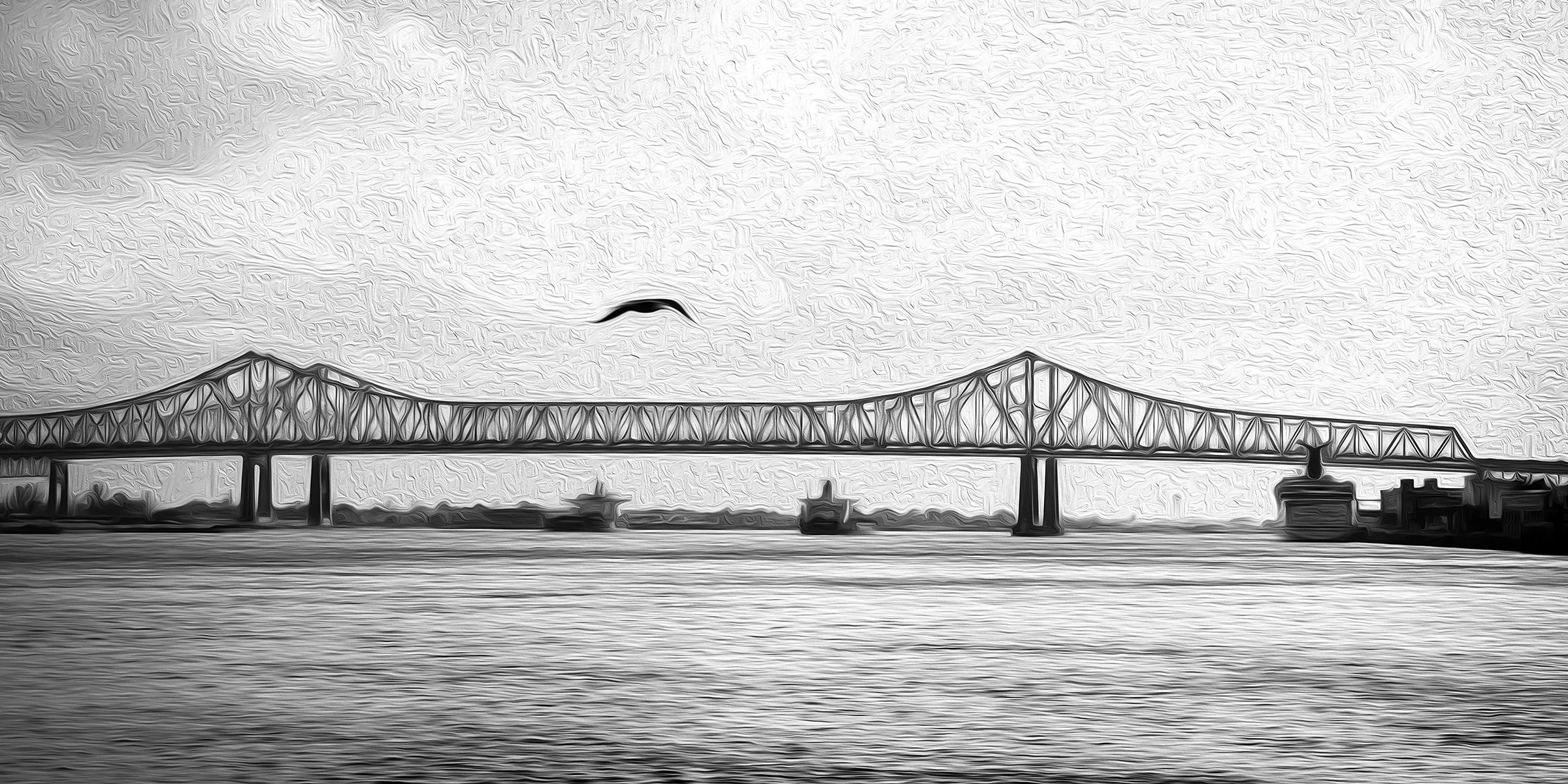The Greater New Orleans (GNO) Bridge connects the West Bank to the East Bank of the Mississippi River—one of the most iconic sights in the city. This black-and-white photograph captures the strength and stillness of this vital structure, with a lone 