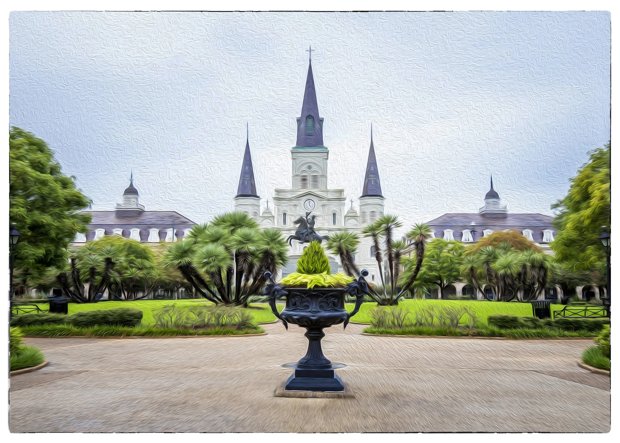 Capture the timeless beauty of New Orleans with this stunning canvas print of the iconic St. Louis Cathedral in Jackson Square. Featuring a detailed oil paint effect for a classic, hand-painted look, this piece adds a touch of Southern charm and eleg