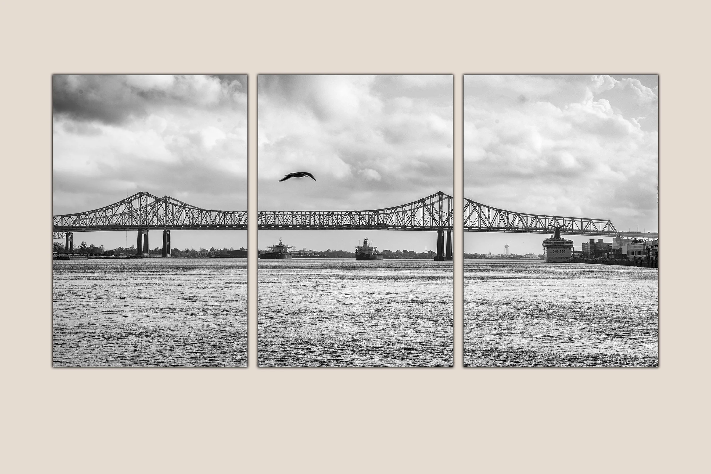 The Greater New Orleans (GNO) Bridge connects the West Bank to the East Bank of the Mississippi River—one of the most iconic sights in the city. This black-and-white photograph captures the strength and stillness of this vital structure, with a lone 