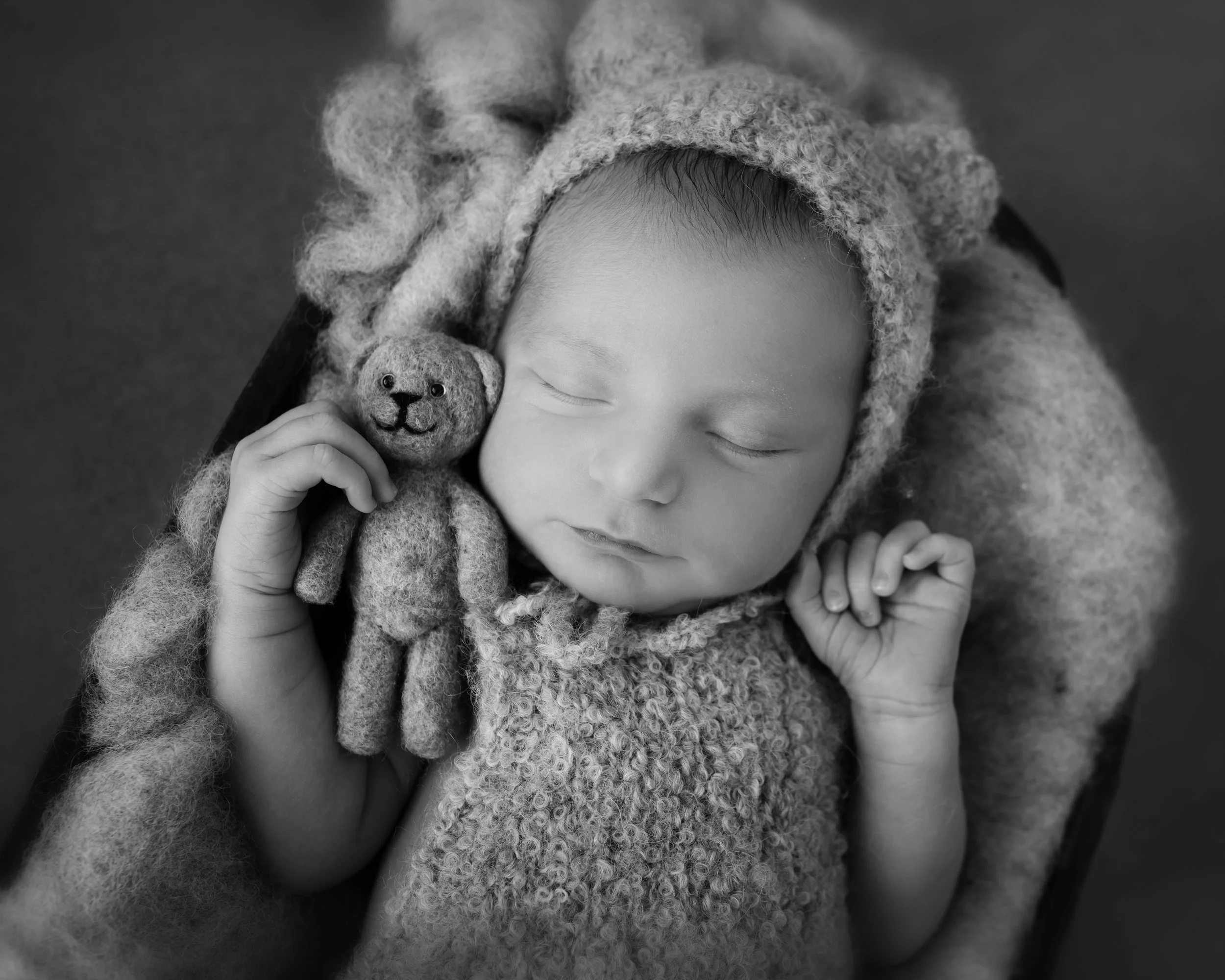 A newborn baby with closed eyes wearing a fuzzy hat and matching fuzzy clothing, holding a small teddy bear close to their face in a black-and-white photograph.