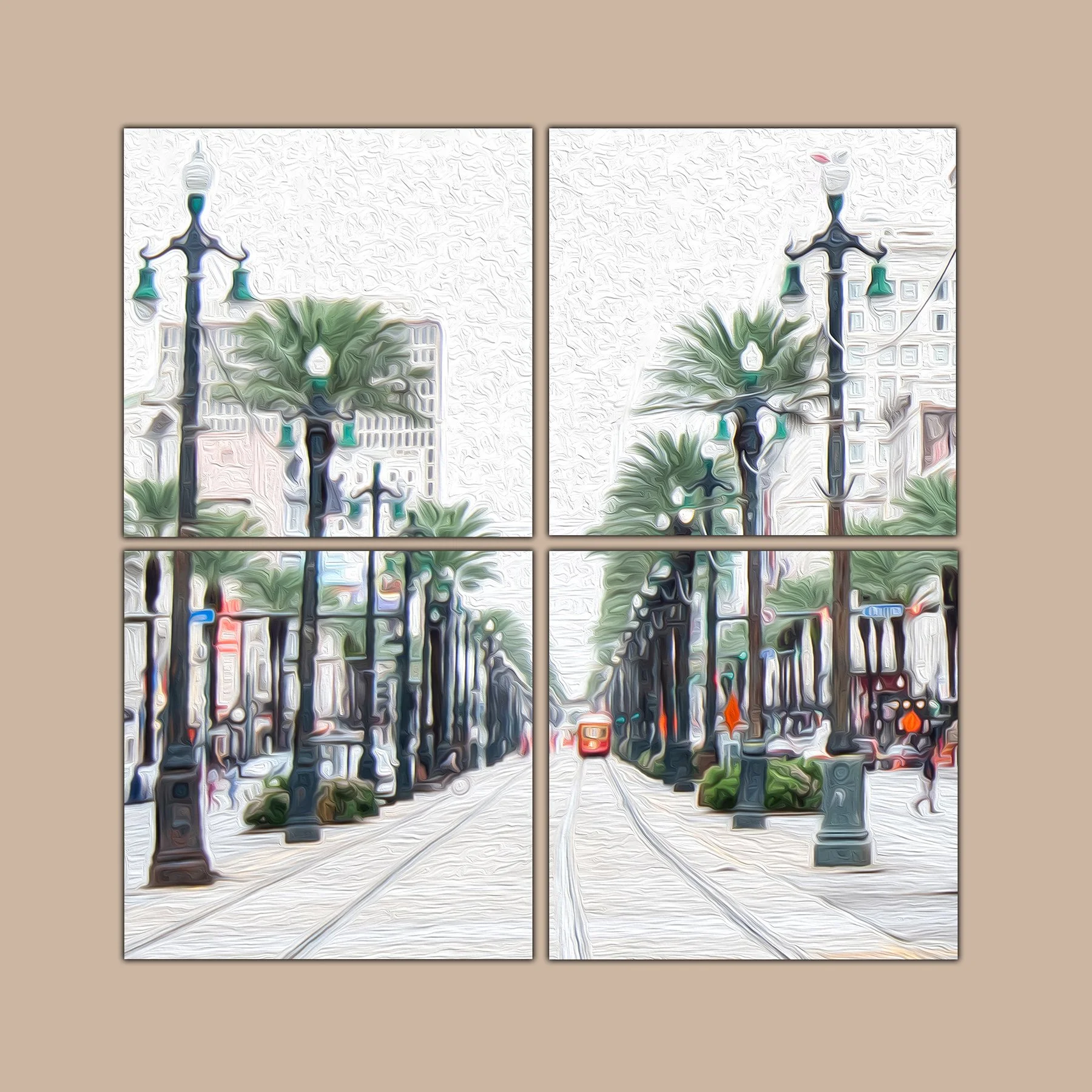 This vibrant oil-paint-style print captures the energy and symmetry of Canal Street in New Orleans, with its iconic palm trees, streetcars, and timeless architecture. A tribute to the heart of the city, this piece brings a sense of movement and charm