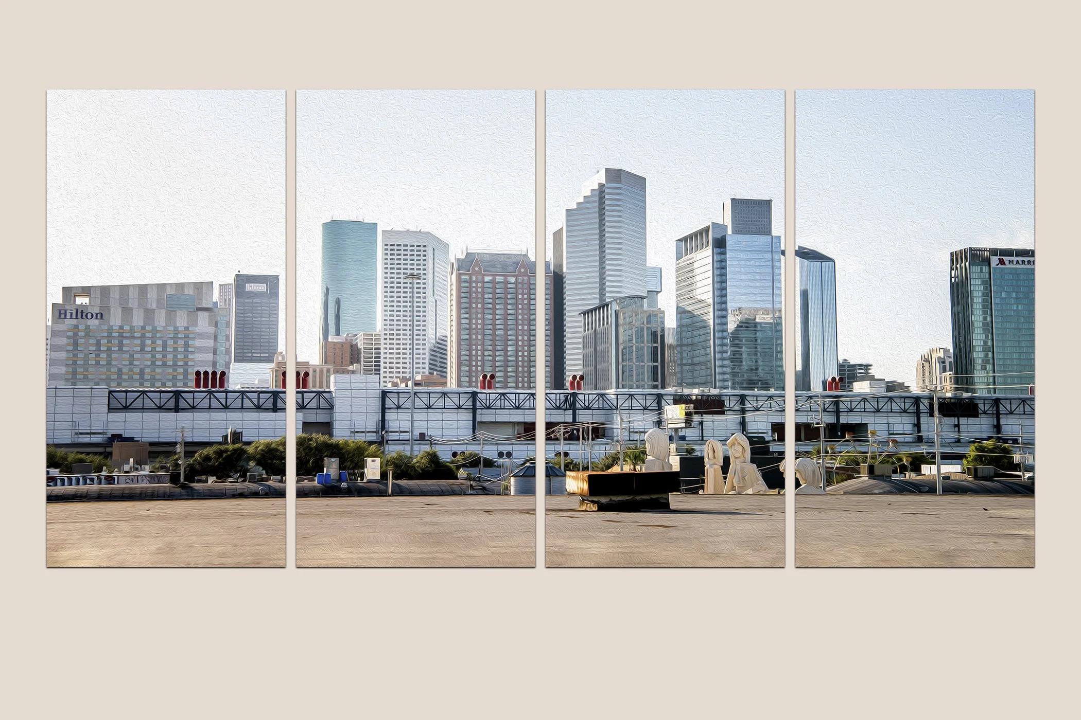 Capture the iconic Houston skyline as seen from a unique East Downtown vantage point, transformed with a stunning oil paint effect. This canvas print brings the city’s architectural beauty to life with vibrant color and texture.