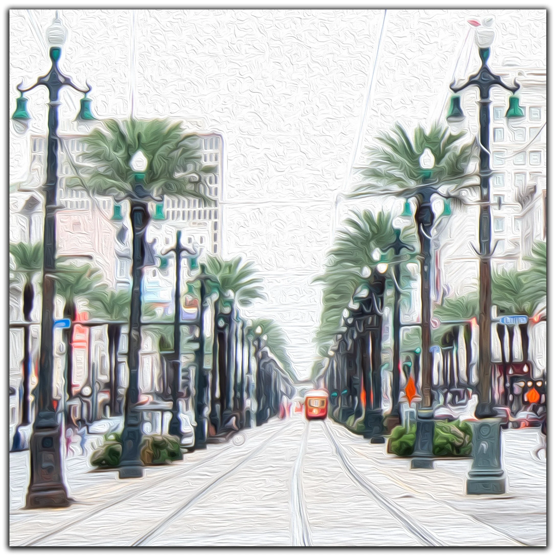This vibrant oil-paint-style print captures the energy and symmetry of Canal Street in New Orleans, with its iconic palm trees, streetcars, and timeless architecture. A tribute to the heart of the city, this piece brings a sense of movement and charm