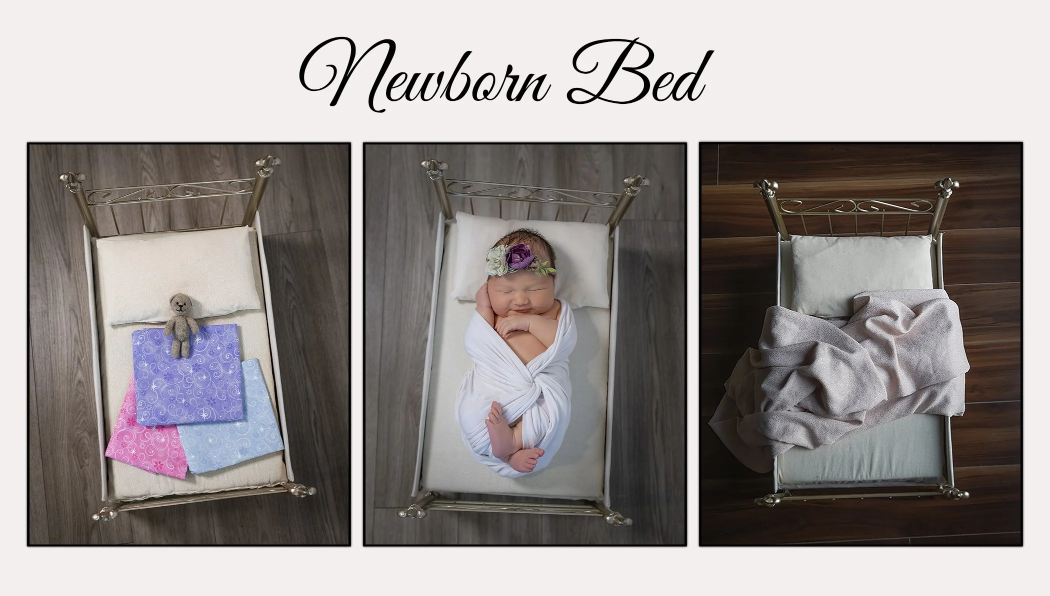 Three images of a miniature bed, with the first showing colorful blankets and a small teddy bear, the second featuring a peacefully sleeping newborn wrapped in a white blanket with a floral headband, and the third showing an empty unmade bed with a blanket folded at the foot.
