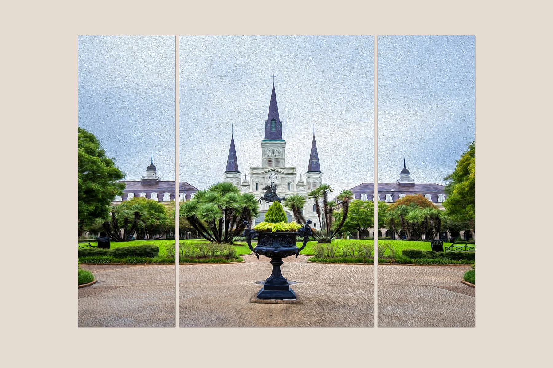 Capture the timeless beauty of New Orleans with this stunning canvas print of the iconic St. Louis Cathedral in Jackson Square. Featuring a detailed oil paint effect for a classic, hand-painted look, this piece adds a touch of Southern charm and eleg