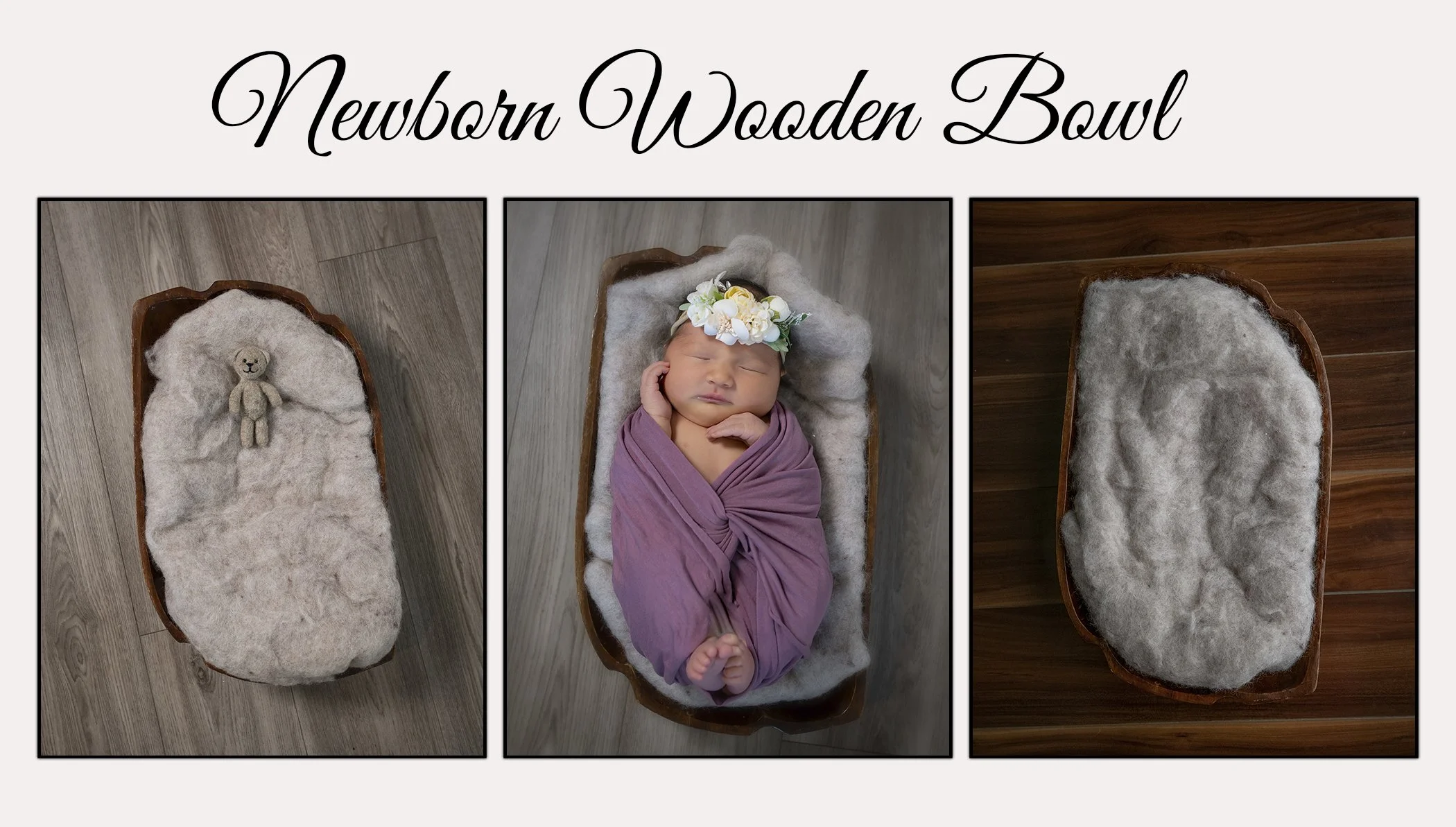 Sequence of images showing a newborn in a wooden bassinet. The first image displays the empty bassinet with a small teddy bear inside. The second image shows the baby, swaddled in a purple cloth, sleeping peacefully with a floral headband. The third image shows the empty bassinet again from a different angle.