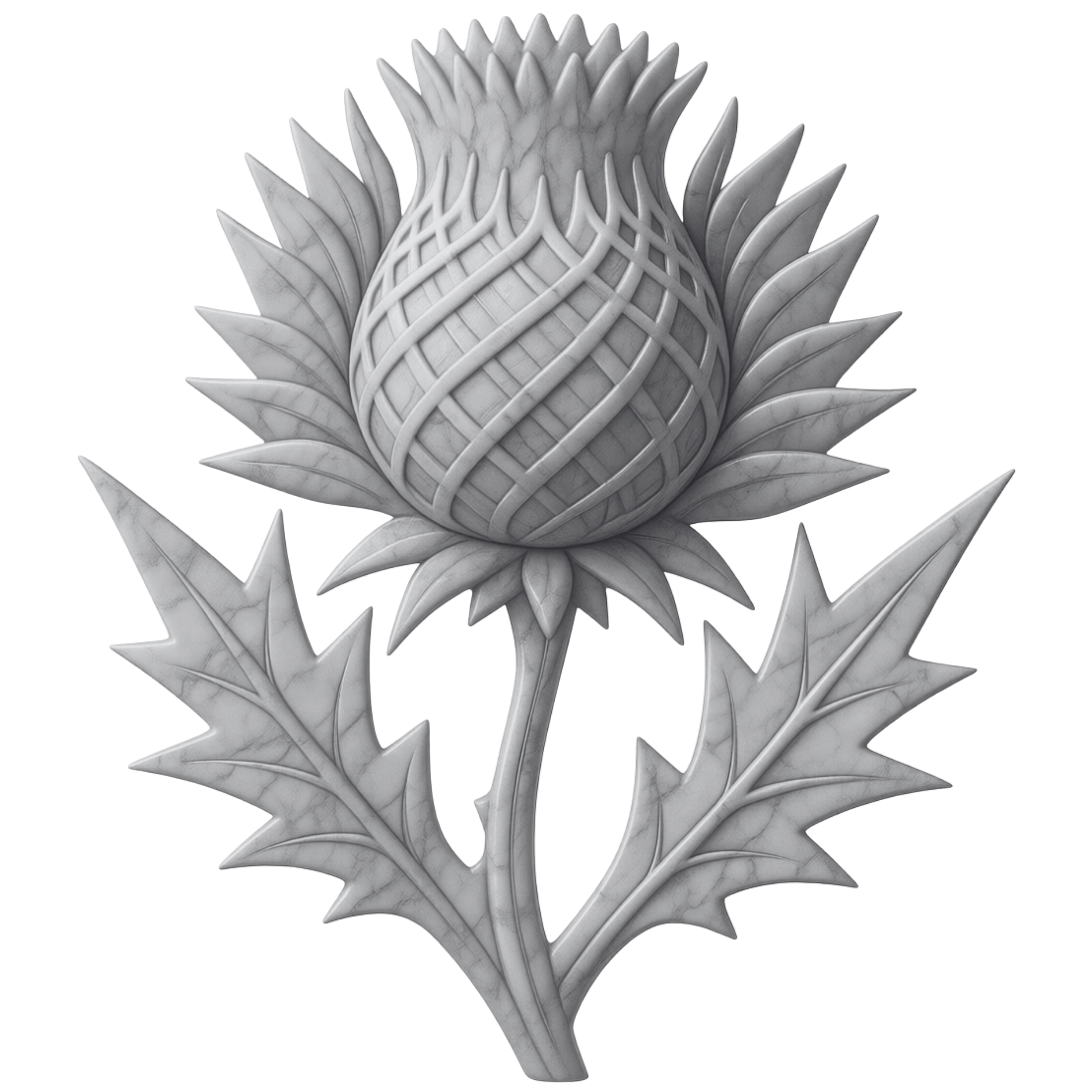 A grayscale sculpture of a Thistle with detailed leaves and textured surface.