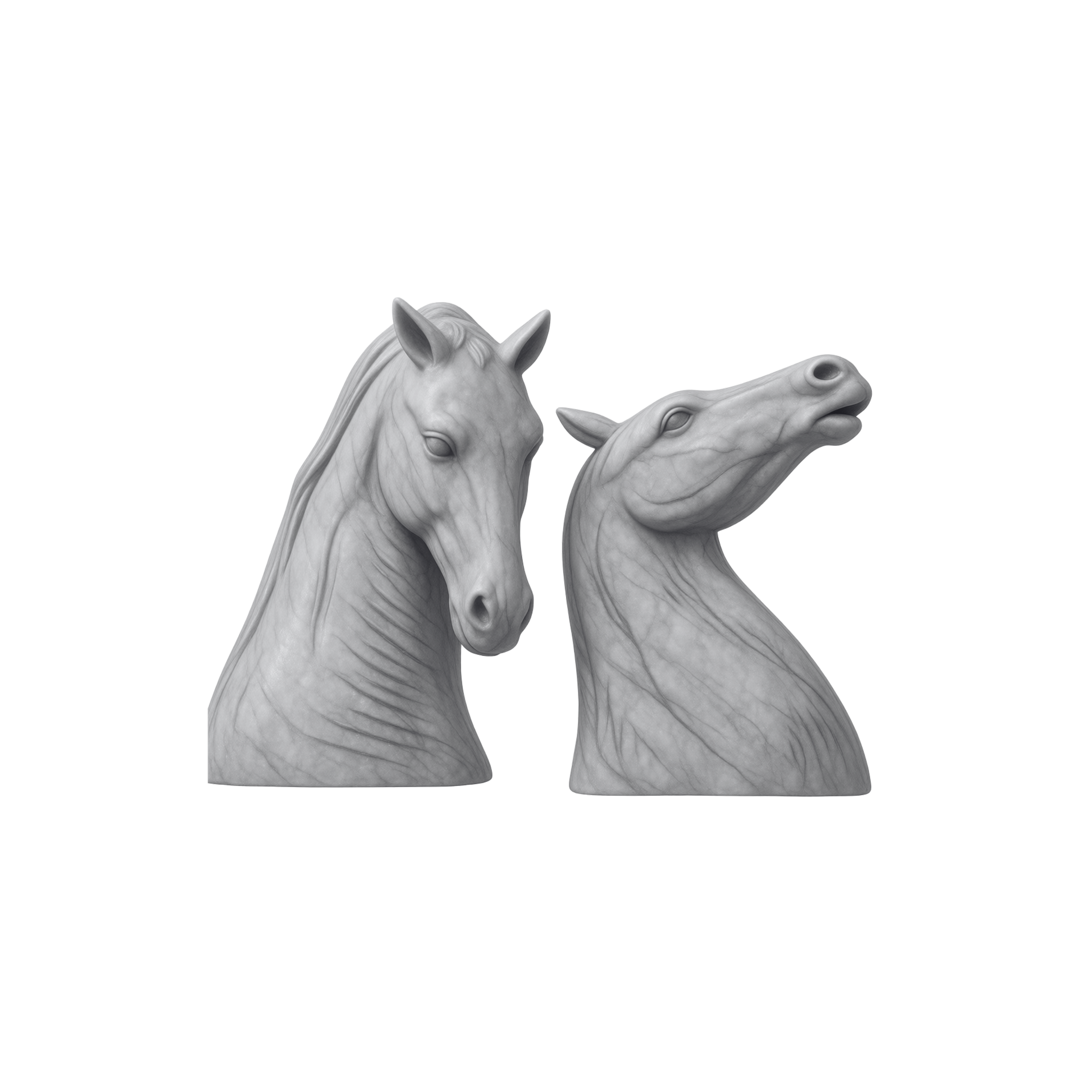 Two marble statues of horse heads facing each other, one with an open mouth and the other with a closed mouth, against a black background.