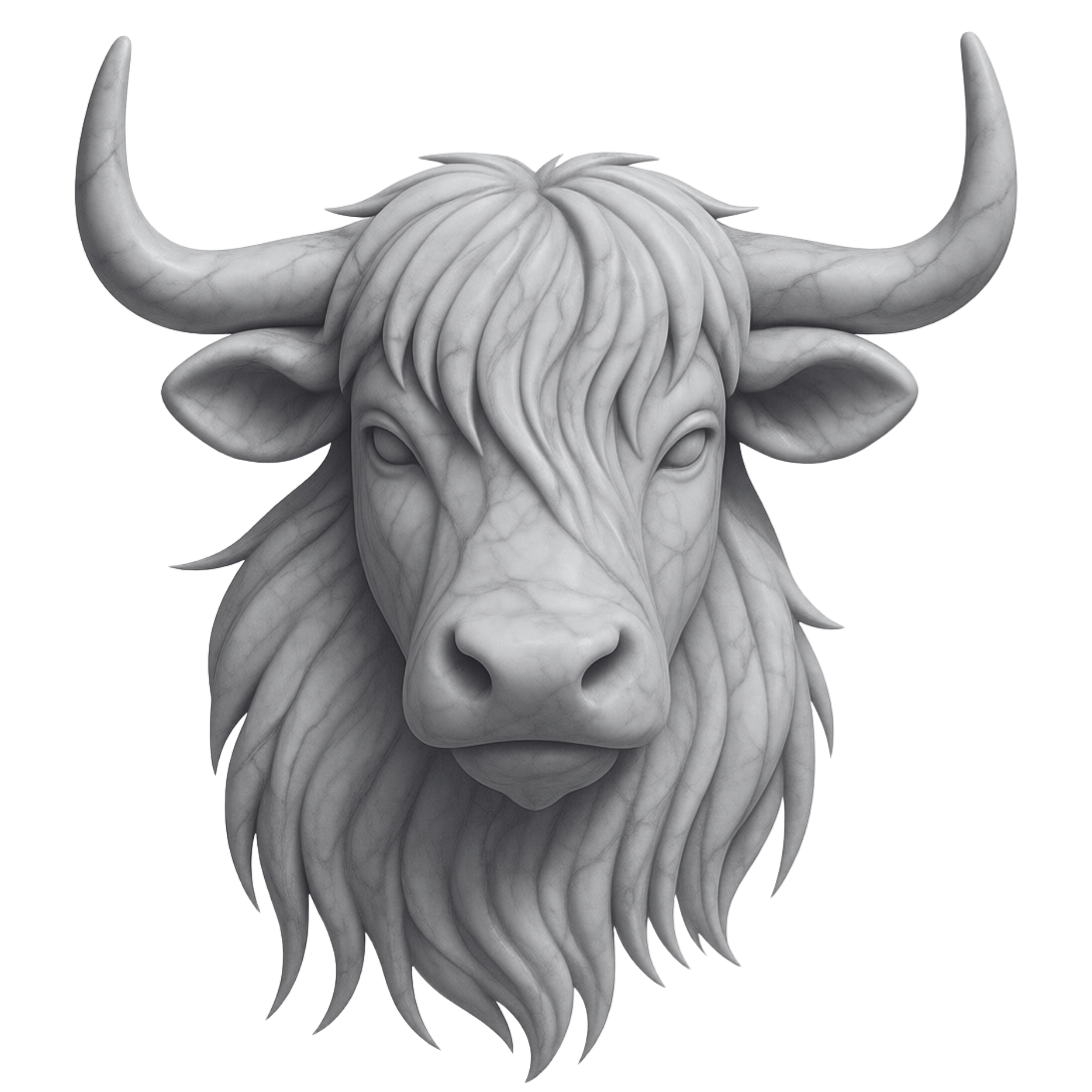Marble sculpture of a highland cow head with large curved horns.