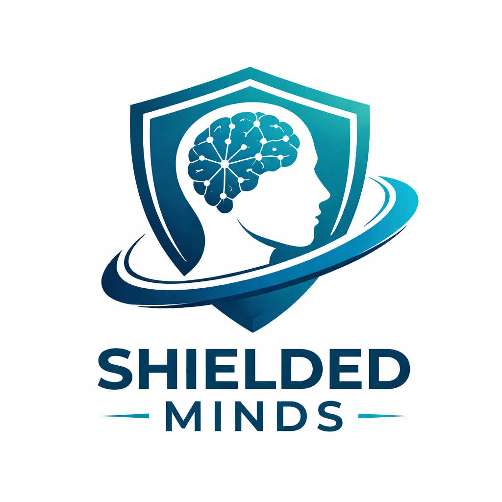 Logo featuring a human profile with a brain connected by nodes and lines, within a shield and orbit design, with the text 'SHIELDED MINDS' below.