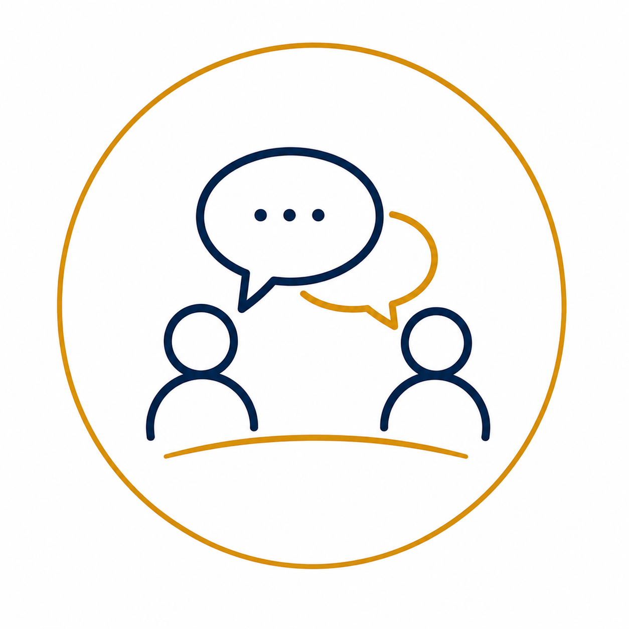 Two simplified human figures with speech bubbles indicating conversation or communication, enclosed in a circle.