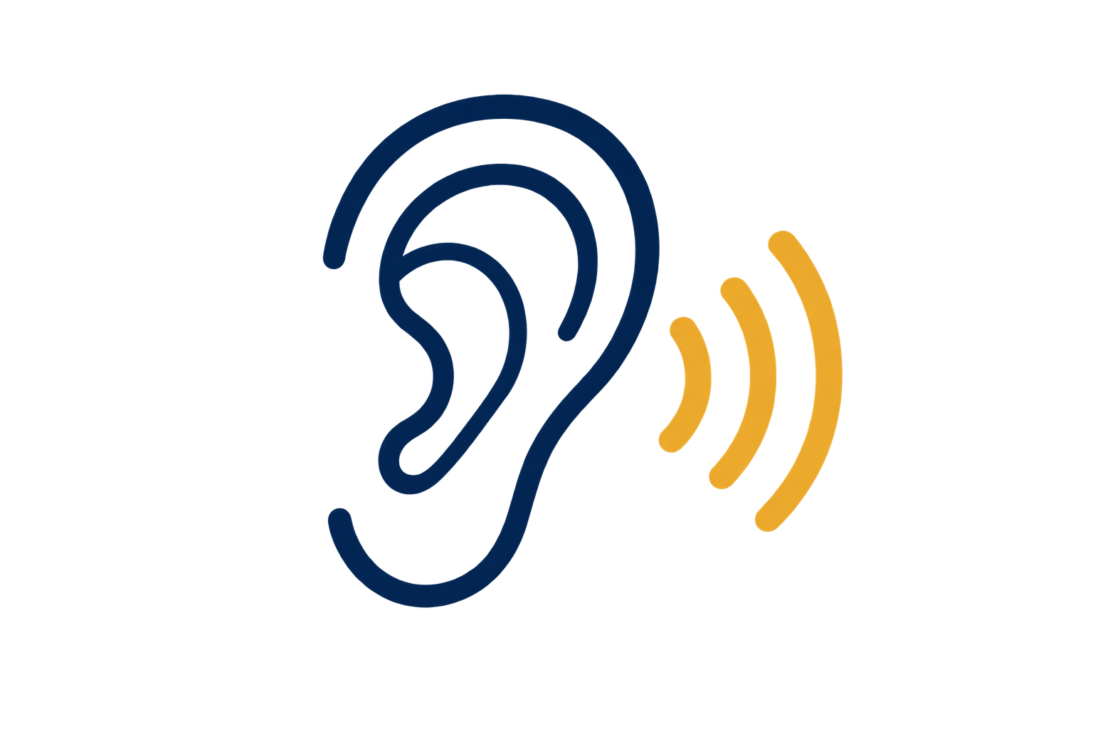 Graphic of a human head in dark blue with curved lines representing sound waves emerging from the ear, and yellow signal waves on a yellow background.
