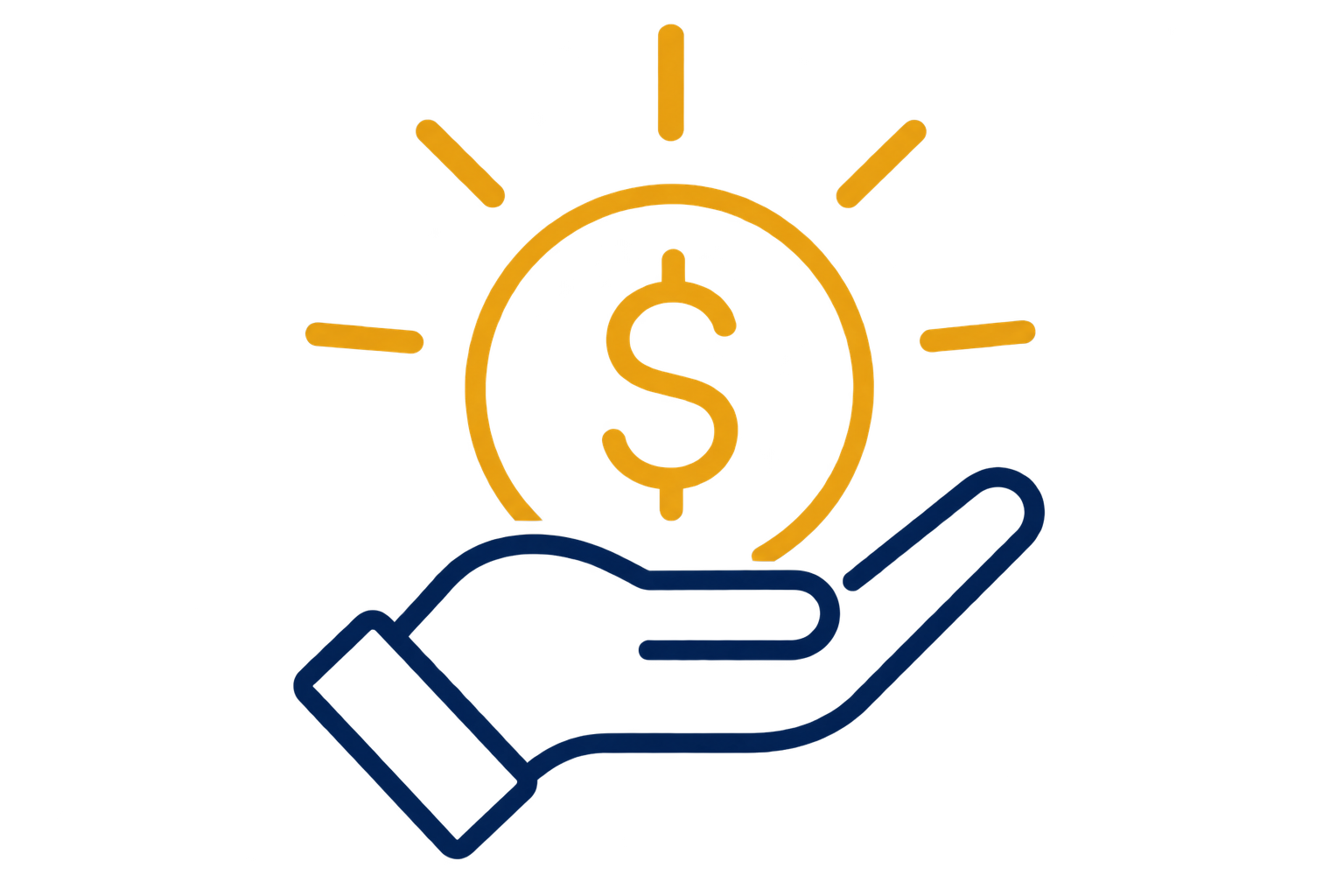 A digital illustration of a hand holding a gold coin with a dollar sign. The coin appears to be shining with light rays emanating from it.