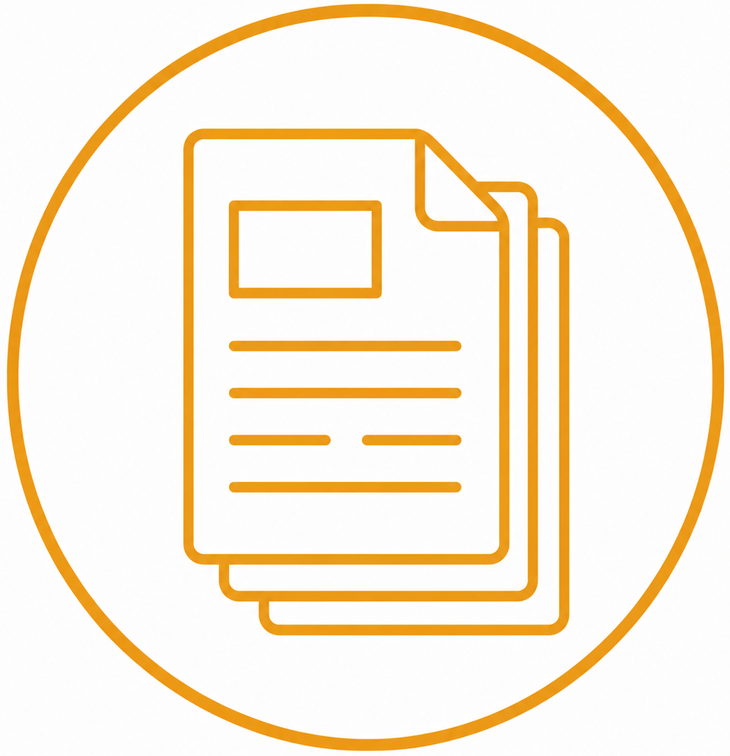 Line drawing of a document with a smaller document overlay, encircled by an orange ring.