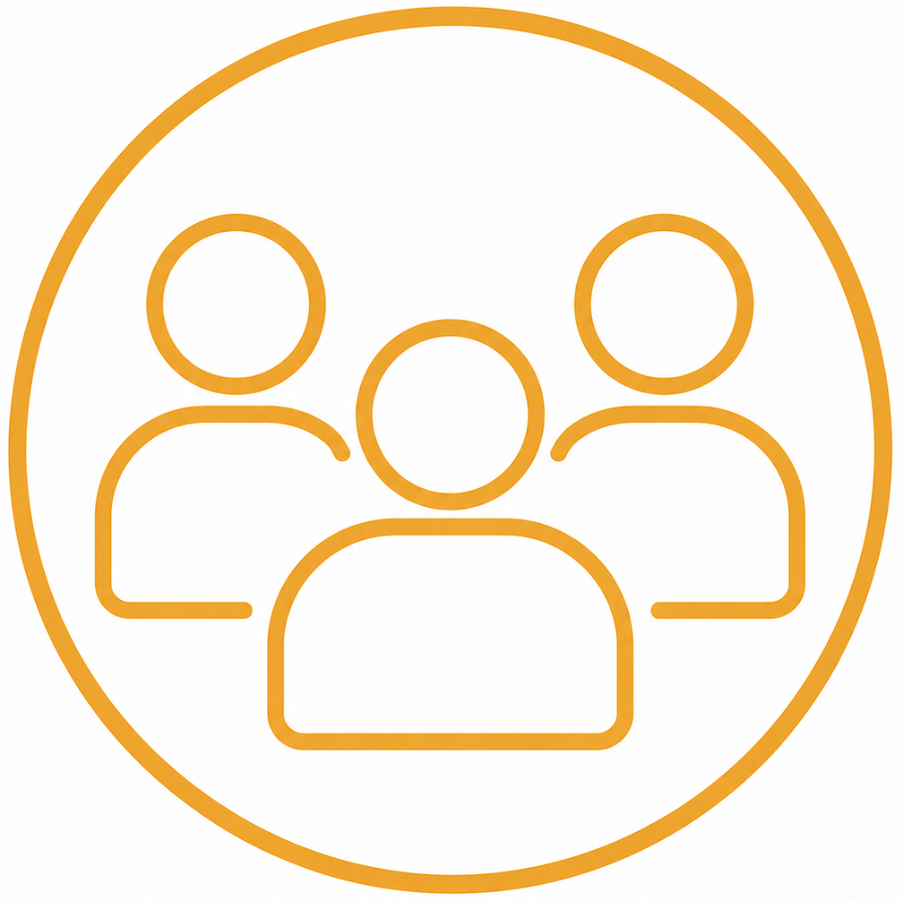 Line drawing of three simplified human figures inside a circle, representing a group or team.
