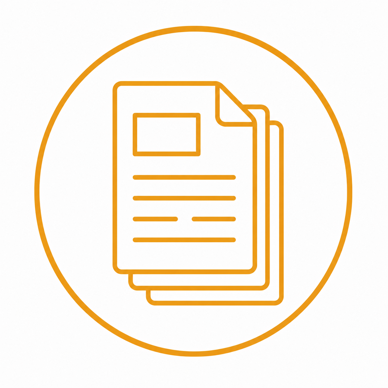 Outline icon of a stack of documents or files inside an orange circle.