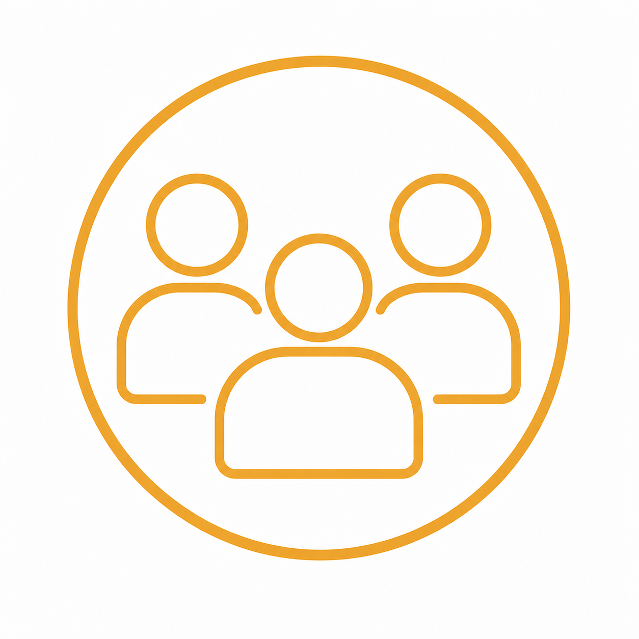 Outline icon of three people inside a circle, representing a group or team.