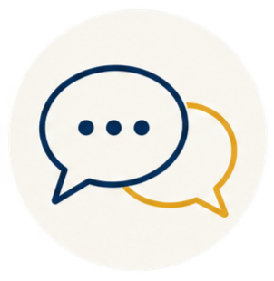 Two speech bubbles, one dark blue and one gold, overlapping on a white background.