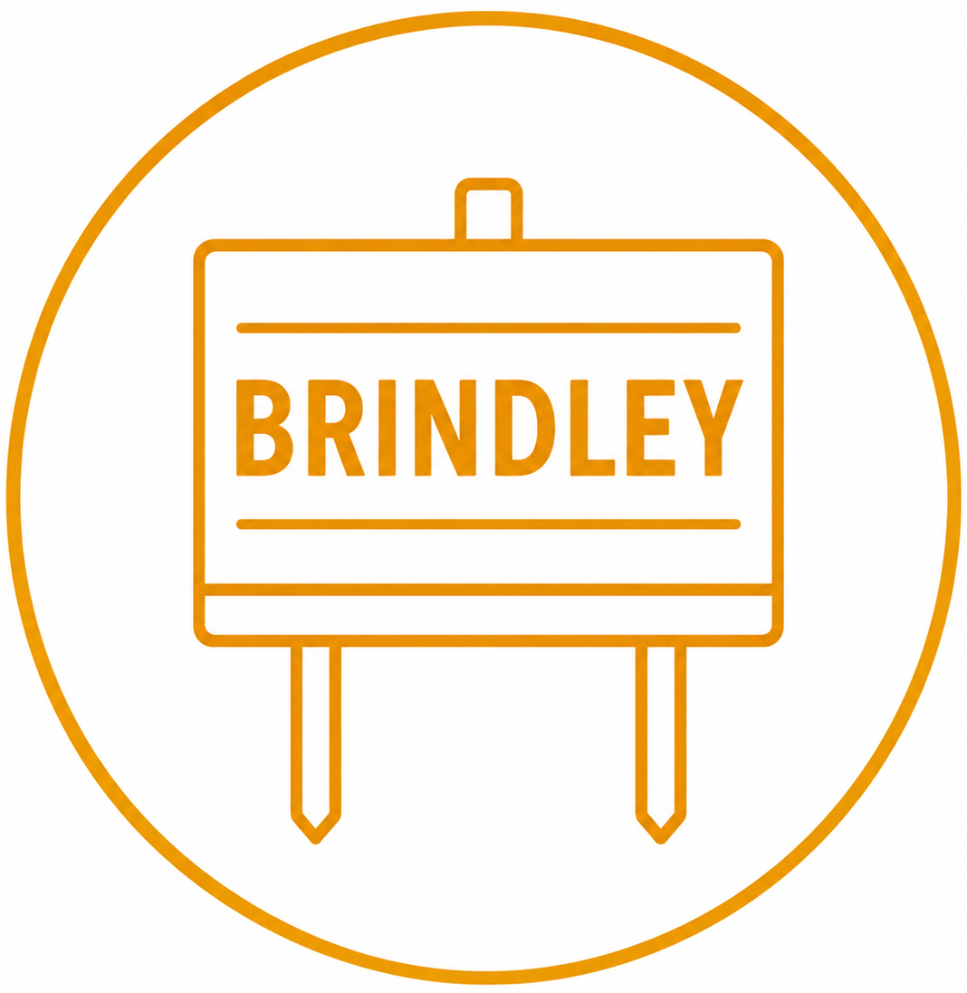 An orange vector sign with the name 'Brindley' inside a circle.