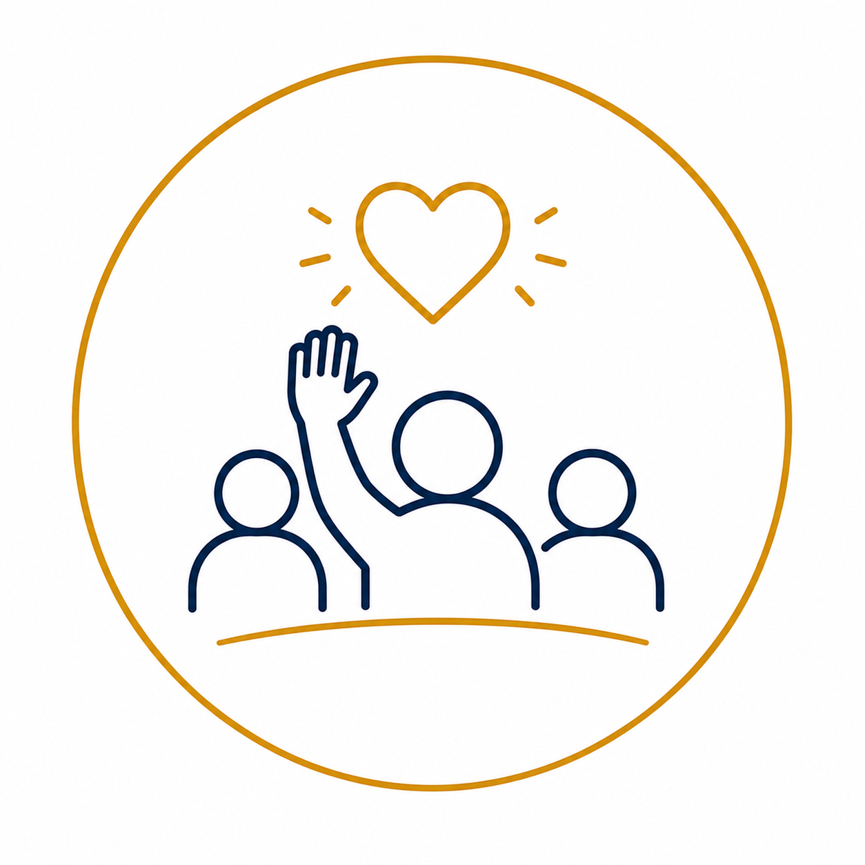 Line drawing of three people, one raising their hand, with a heart above them, all enclosed in a circle.