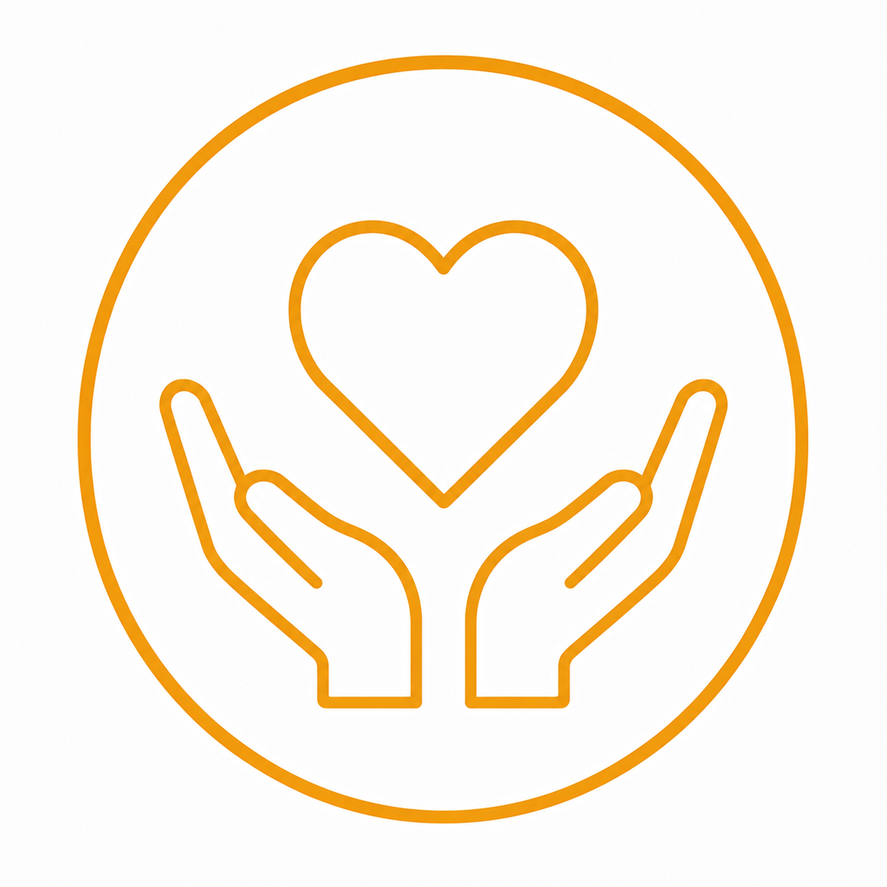 Outline of two hands holding a heart inside a circle, symbolizing care and compassion.
