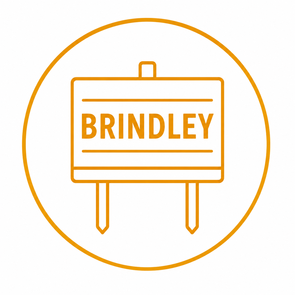 Orange line drawing of a rectangular sign with the word 'Brindley' inside, mounted on two stakes, enclosed in a circle.