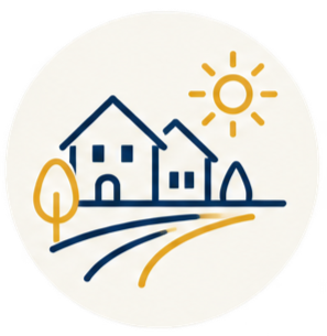 Illustration of a house, a smaller house, a tree, a sun, and a curved path under a circular background.