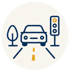 Illustration of a car on a road with traffic lights, a tree, and lane markings
