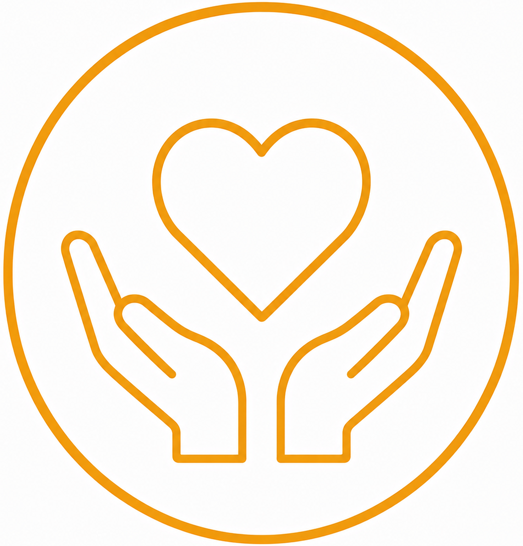 Outline of two hands cupping a heart, surrounded by a circle, in orange.