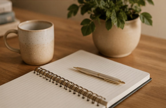 Open spiral-bound notebook with lined pages, a gold pen, a mug of coffee, and a potted plant on a wooden table.